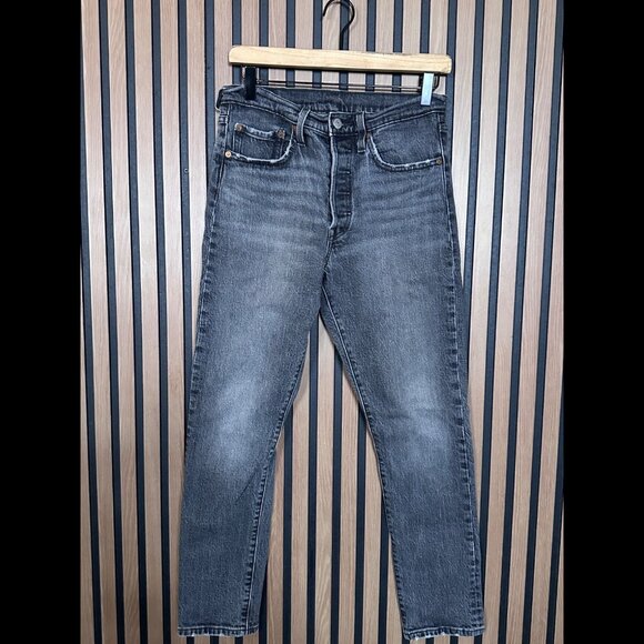 Levis 501 Jeans 27 Womens Black Gray Denim Wash Big Es Premium Fabric - Picture 1 of 12